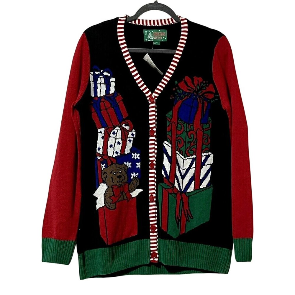 Ugly Christmas Sweater Womens Large Cardigan With Gift Box & Bear Design